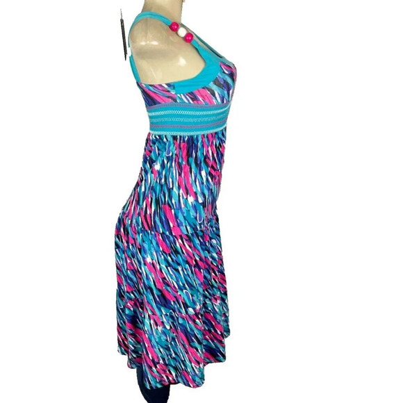 Candie's Girls M Teal-Pink Paint Splash Shirred Waist Beaded Strap Midi Sundress - Picture 3 of 6